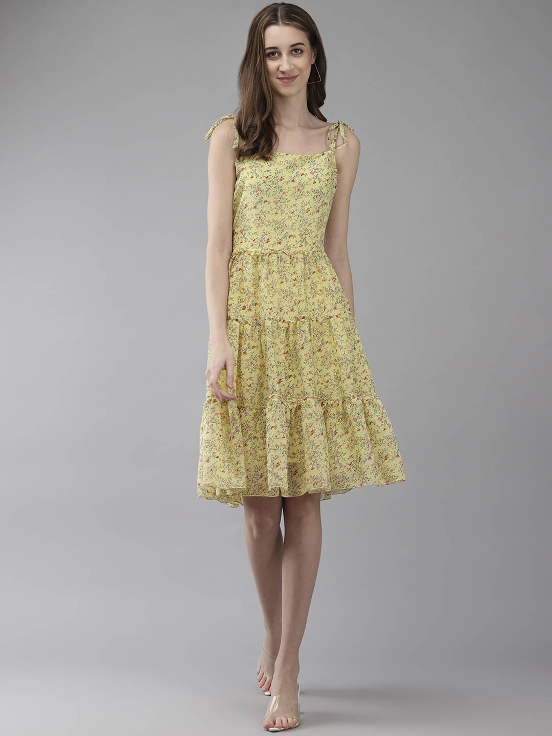     			Aarika Women Georgette Printed Fit & Flare Dress ( Yellow )