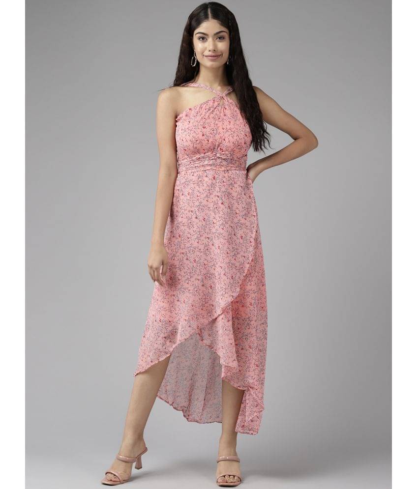 Aarika Women Georgette Printed Asymmetric Dress ( Peach ) Aarika Women Georgette Printed Asymmetric Dress ( Peach )