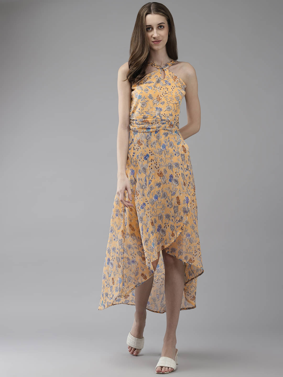     			Aarika Women Georgette Printed Asymmetric Dress ( Yellow )