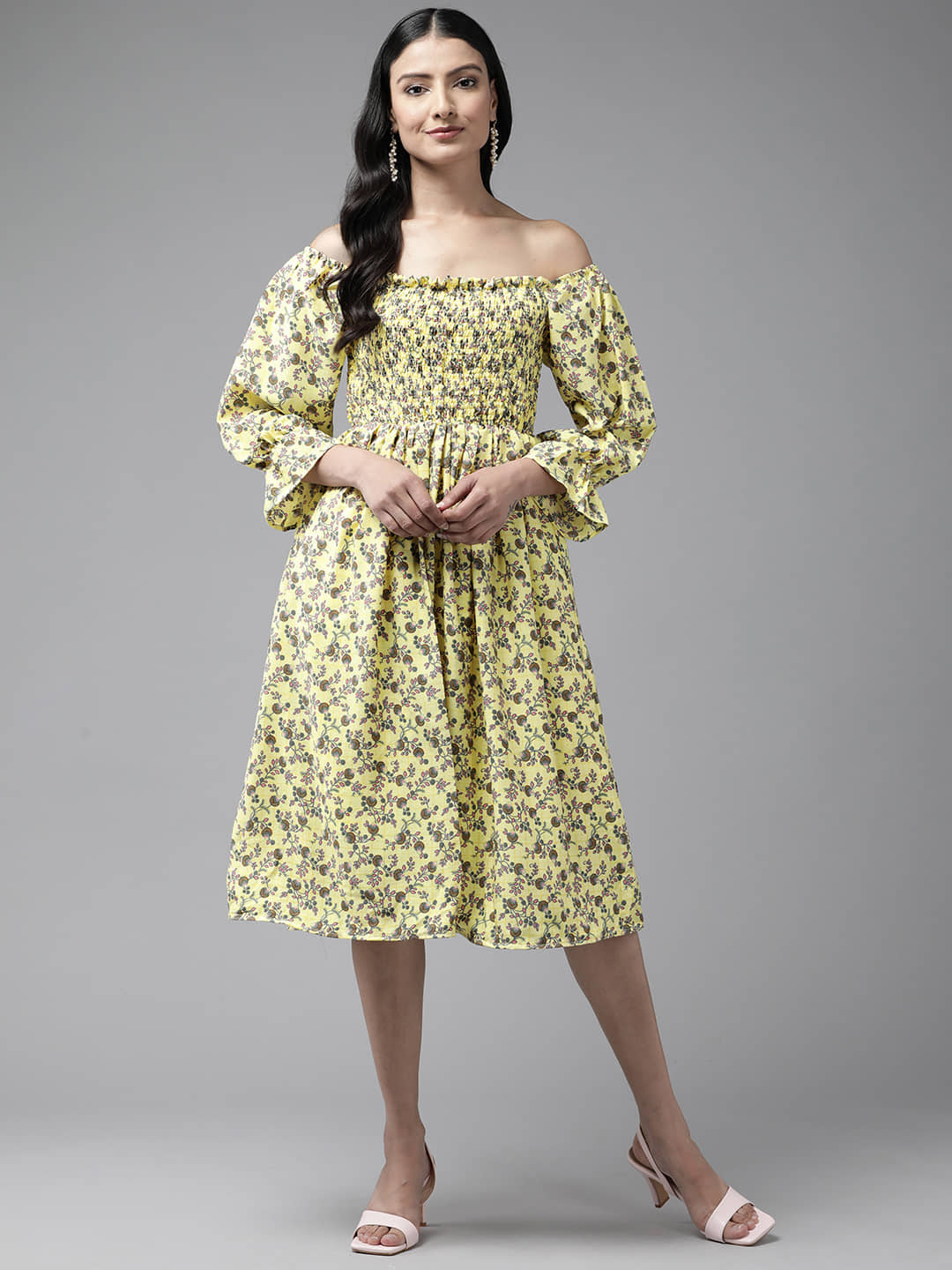 Aarika Women Georgette Printed Fit & Flare Dress ( Yellow )
