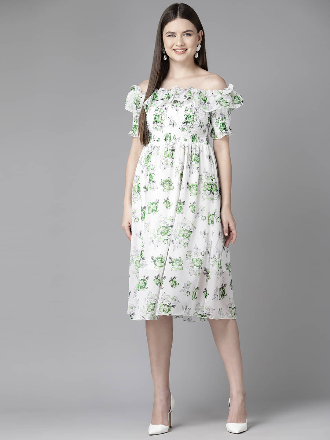     			Aarika Women Georgette Printed Fit & Flare Dress ( White )