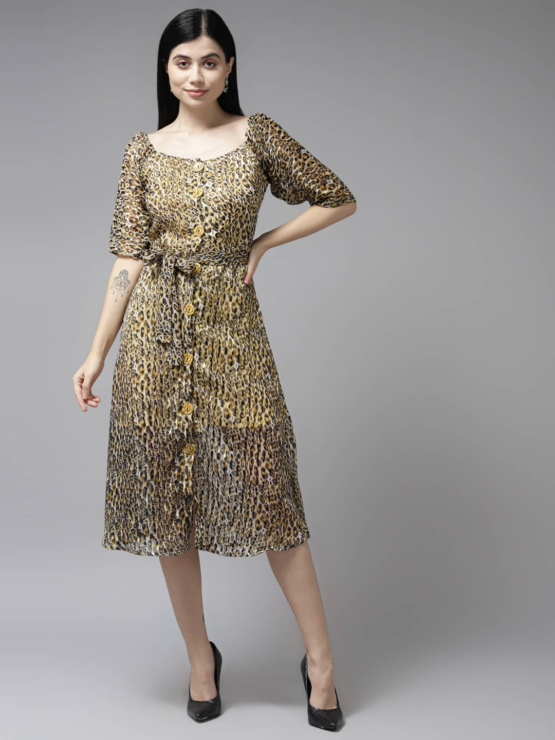 Aarika Women Georgette Printed A-line Dress ( Brown ) Aarika Women Georgette Printed A-line Dress ( Brown )