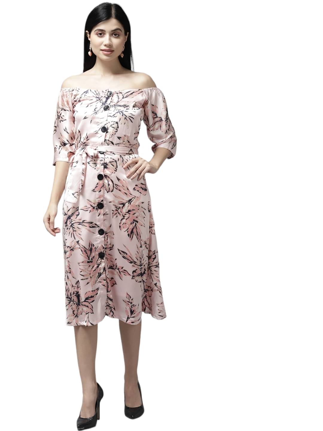     			Aarika Women Georgette Printed Off Shoulder Dress ( Pink )