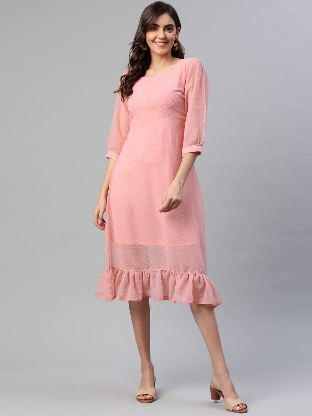 Aarika Women Georgette Self Design Fit & Flare Dress ( Peach ) Aarika Women Georgette Self Design Fit & Flare Dress ( Peach )