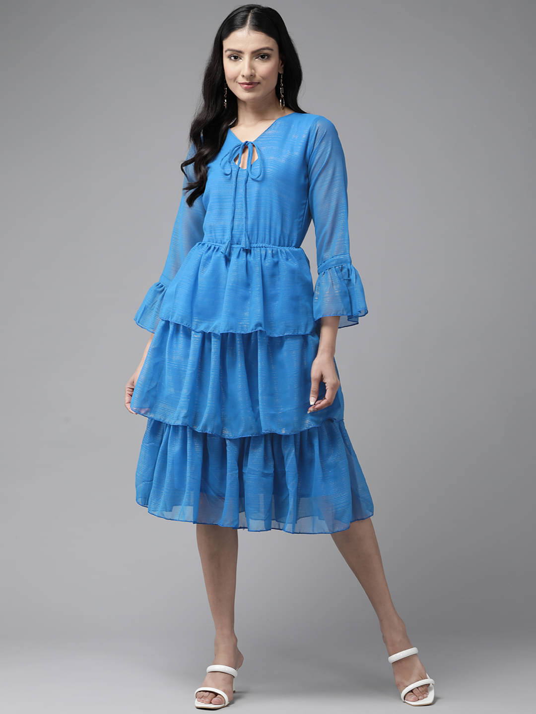     			Aarika Women Georgette Solid Fit & Flare Dress ( Blue )