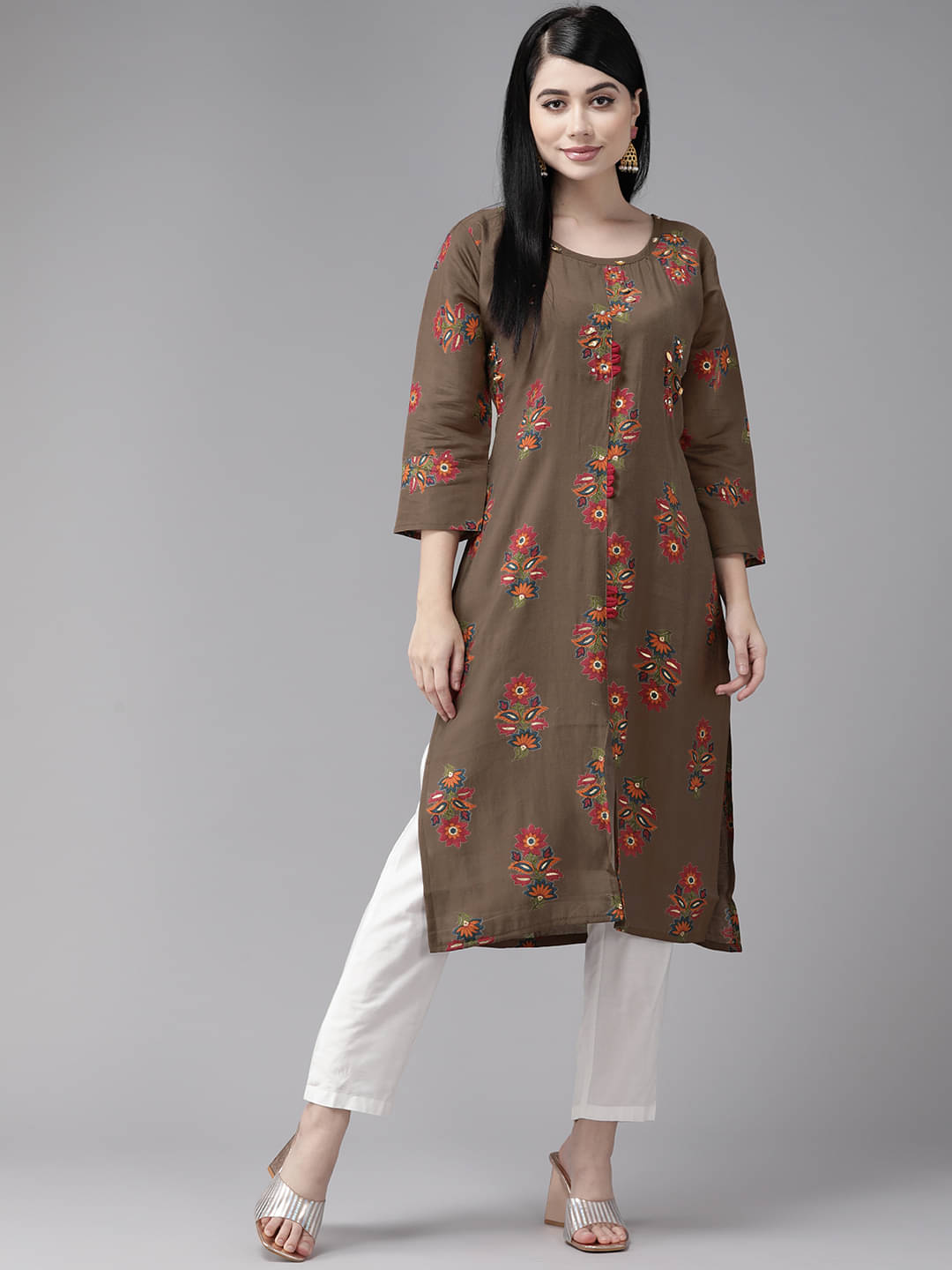     			Aarika Silk Embellished Straight Women's Kurti - Brown ( Pack of 1 )
