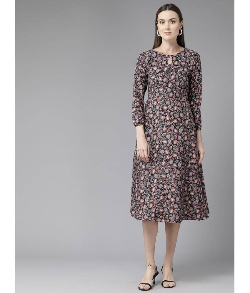     			Aarika Women Silk Printed A-line Dress ( Black )