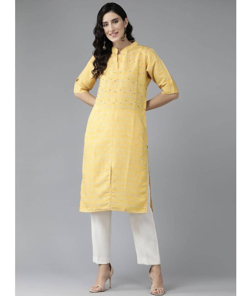 Aarika Silk Printed Straight Women's Kurti - Yellow ( Pack of 1 )     			Aarika Silk Printed Straight Women's Kurti - Yellow ( Pack of 1 )