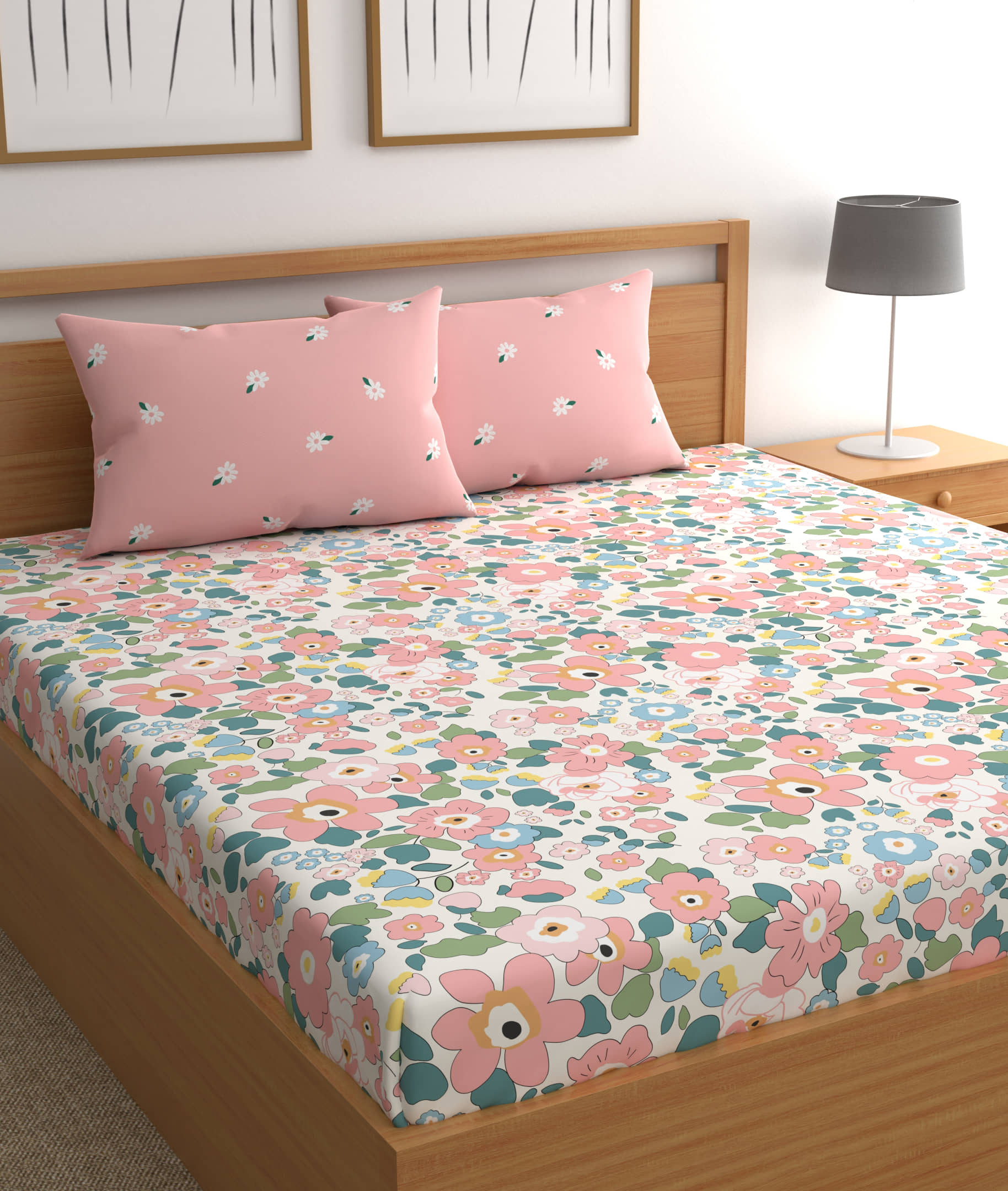 CG HOMES Cotton Floral 1 Double Bedsheet with 2 Pillow Covers - Pink