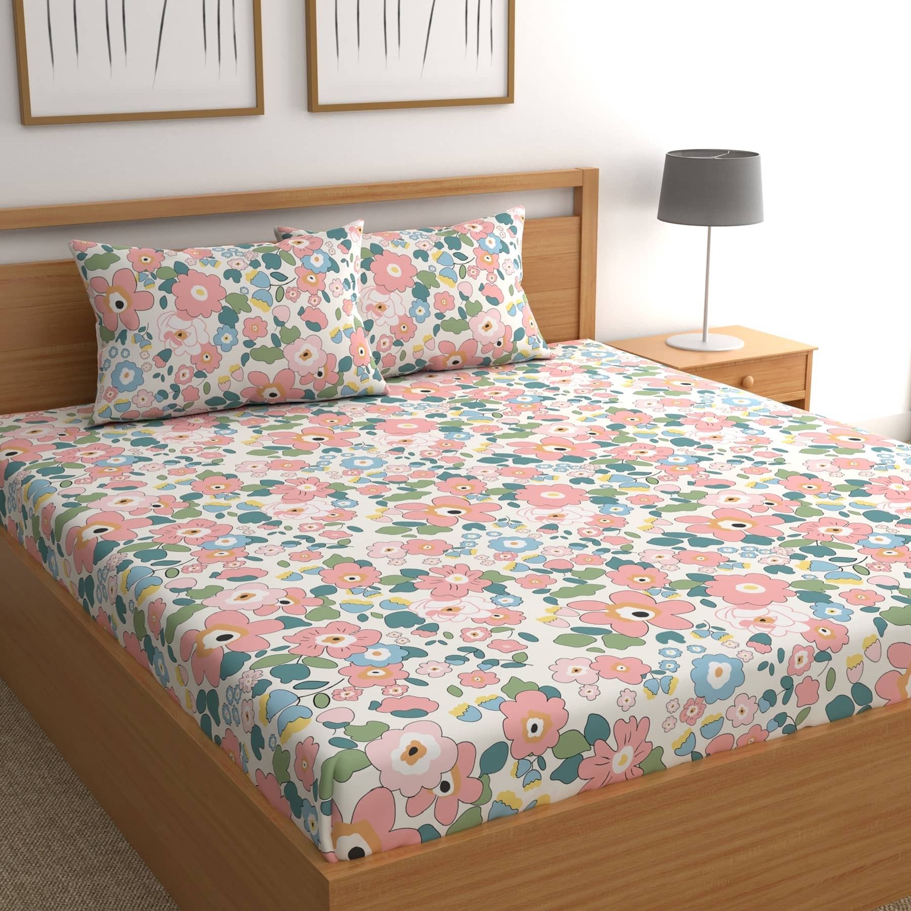 CG HOMES Cotton Floral Fitted ( Double Bed ) - Pink