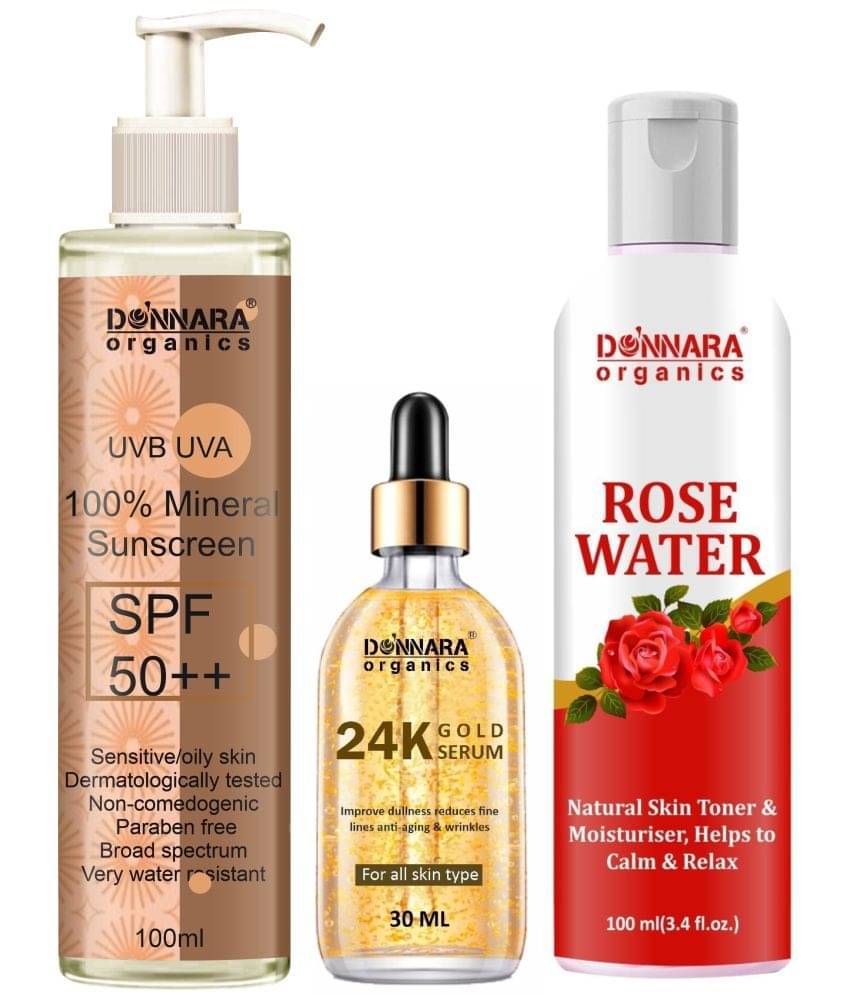 Donnara Organics 100% Mineral Suncreen Cream UVB & UVA Protection with SPF 50++ 100ml, 24K Gold Face Serum 30ml & Natural Rose Water 100ml - Combo of 3 Items     			Donnara Organics 100% Mineral Suncreen Cream UVB & UVA Protection with SPF 50++ 100ml, 24K Gold Face Serum 30ml & Natural Rose Water 100ml - Combo of 3 Items