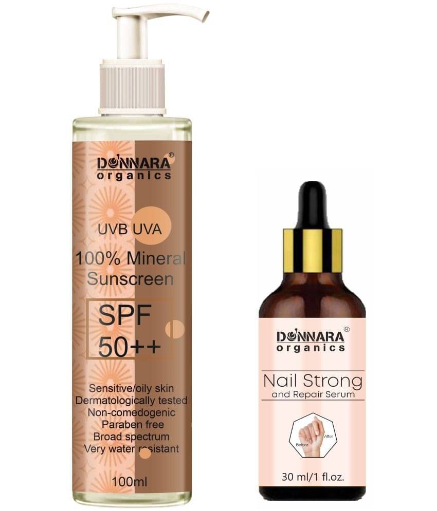 Donnara Organics 100% Mineral Suncreen Cream UVB & UVA Protection with SPF 50++ 100ml & Nail Strong and Repair Serum 30ml - Combo of 2 Items Donnara Organics 100% Mineral Suncreen Cream UVB & UVA Protection with SPF 50++ 100ml & Nail Strong and Repair Serum 30ml - Combo of 2 Items