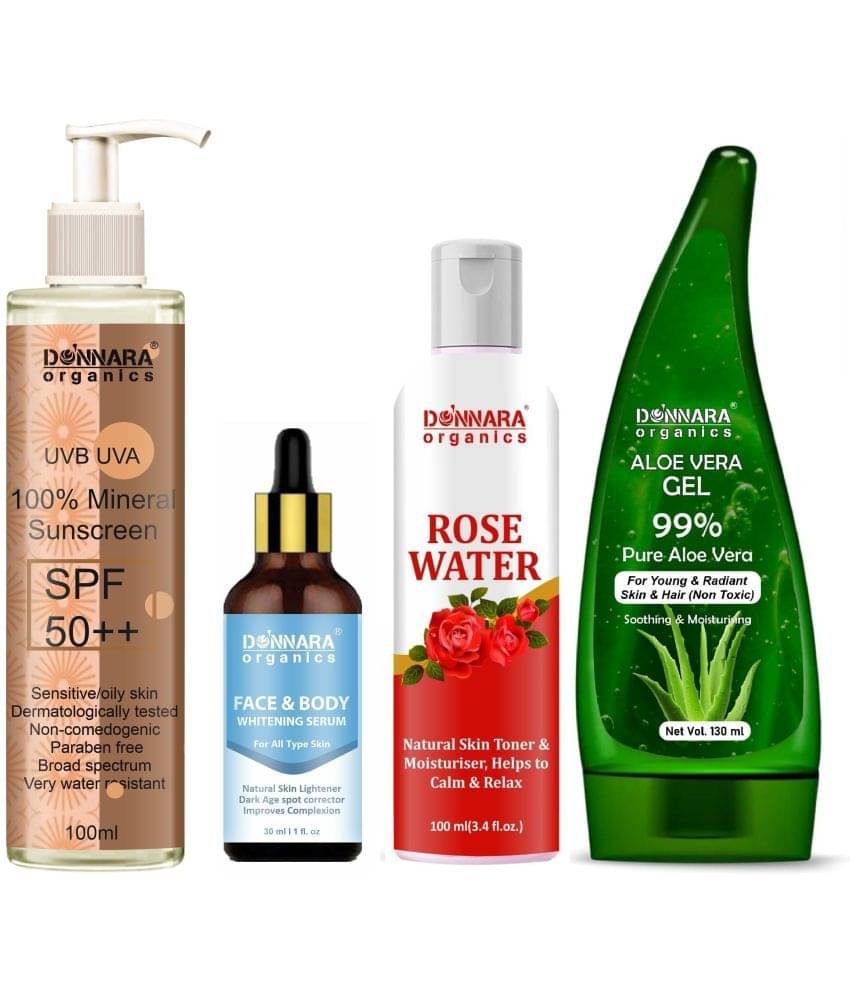     			Donnara Organics 100% Mineral Suncreen with SPF 50++ 100ml, Face and Body  Whitening Serum 30ml, Natural Rose Water 100ml & Aloe Vera Gel 130ml - Combo of 4 Items