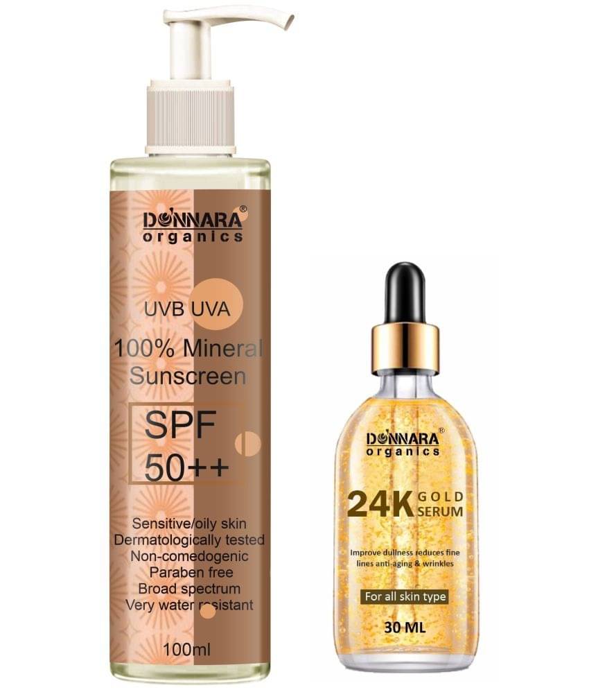 Donnara Organics 100% Mineral Suncreen Cream UVB & UVA Protection with SPF 50++ 100ml & 24K Gold Face Serum 30ml - Combo of 2 Items Donnara Organics 100% Mineral Suncreen Cream UVB & UVA Protection with SPF 50++ 100ml & 24K Gold Face Serum 30ml - Combo of 2 Items