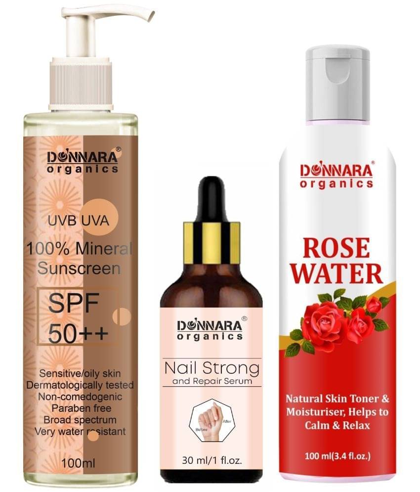 Donnara Organics 100% Mineral Suncreen Cream UVB & UVA Protection with SPF 50++ 100ml, Nail Strong and Repair Serum 30ml & Natural Rose Water 100ml - Combo of 3 Items     			Donnara Organics 100% Mineral Suncreen Cream UVB & UVA Protection with SPF 50++ 100ml, Nail Strong and Repair Serum 30ml & Natural Rose Water 100ml - Combo of 3 Items