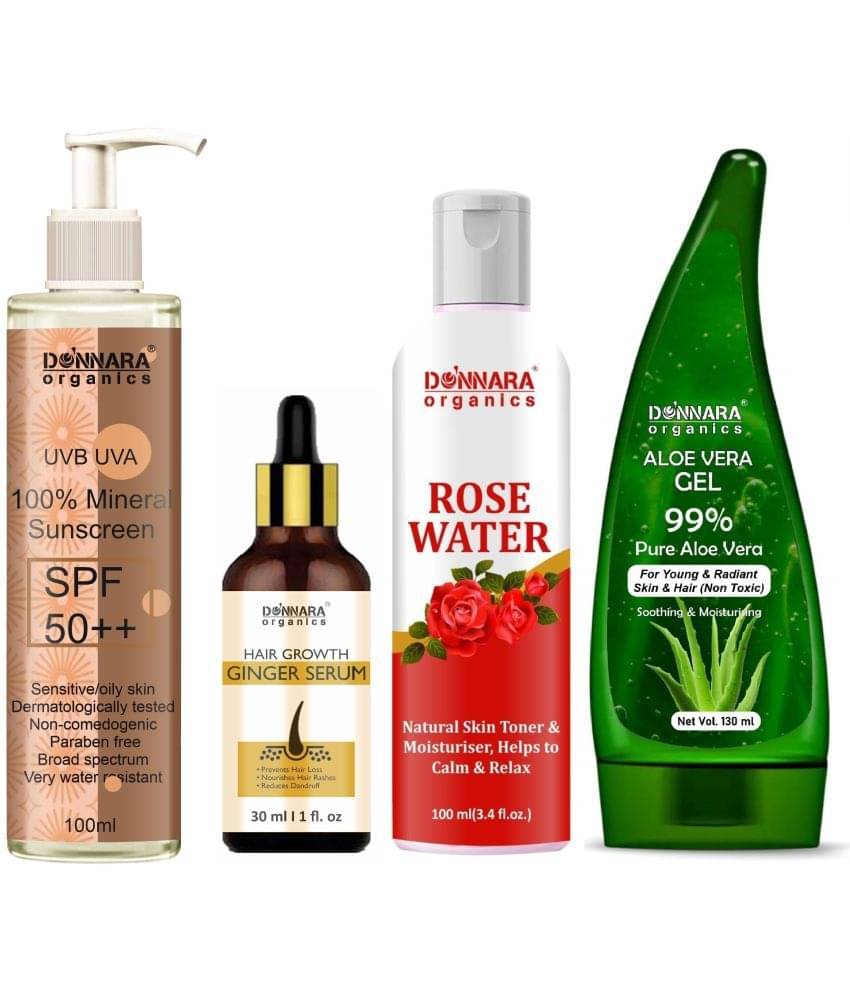 Donnara Organics 100% Mineral Suncreen with SPF 50++ 100ml, Hair Growth Ginger Serum 30ml, Natural Rose Water 100ml & Aloe Vera Gel 130ml - Combo of 4 Items     			Donnara Organics 100% Mineral Suncreen with SPF 50++ 100ml, Hair Growth Ginger Serum 30ml, Natural Rose Water 100ml & Aloe Vera Gel 130ml - Combo of 4 Items