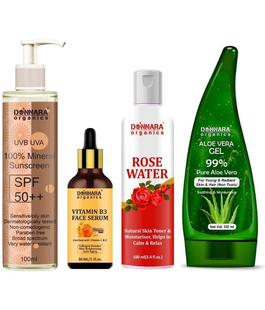 Donnara Organics 100% Mineral Suncreen with SPF 50++ 100ml, Vitamin B3 Face Serum 30ml, Natural Rose Water 100ml & Aloe Vera Gel 130ml - Combo of 4 Items Donnara Organics 100% Mineral Suncreen with SPF 50++ 100ml, Vitamin B3 Face Serum 30ml, Natural Rose Water 100ml & Aloe Vera Gel 130ml - Combo of 4 Items