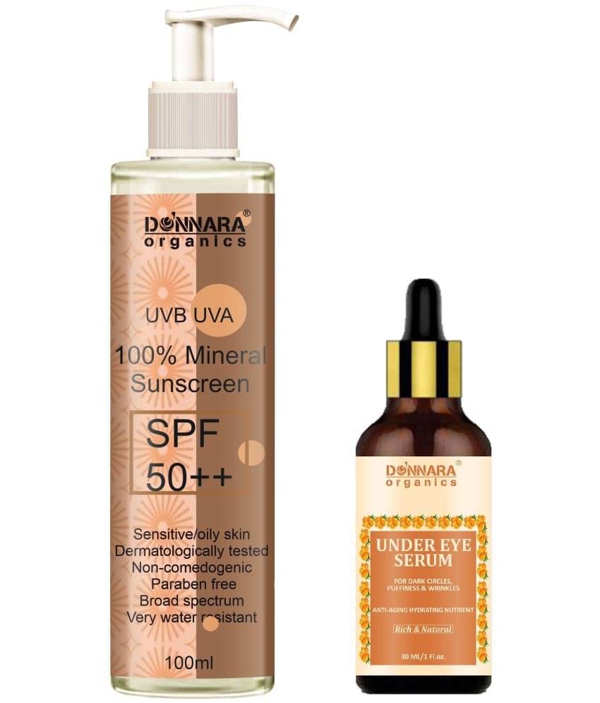     			Donnara Organics 100% Mineral Suncreen Cream UVB & UVA Protection with SPF 50++ 100ml & Under Eye Serum for Dark Circle 30ml - Combo of 2 Items