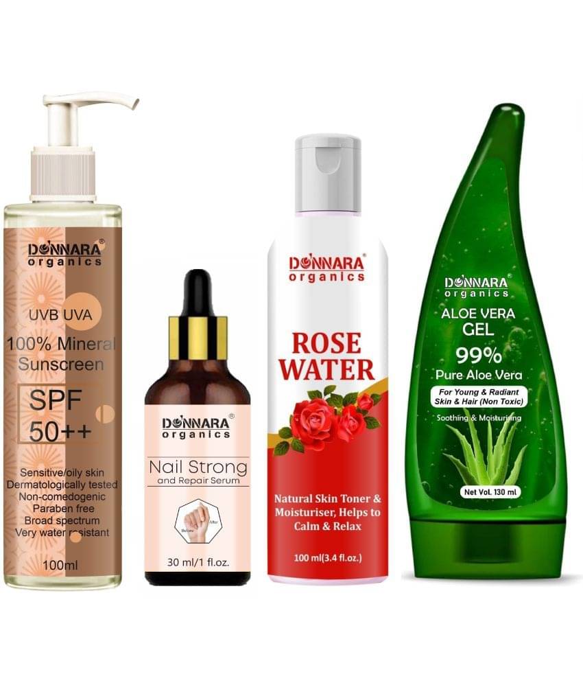 Donnara Organics 100% Mineral Suncreen with SPF 50++ 100ml, Nail Strong and Repair Serum 30ml, Natural Rose Water 100ml & Aloe Vera Gel 130ml - Combo of 4 Items     			Donnara Organics 100% Mineral Suncreen with SPF 50++ 100ml, Nail Strong and Repair Serum 30ml, Natural Rose Water 100ml & Aloe Vera Gel 130ml - Combo of 4 Items