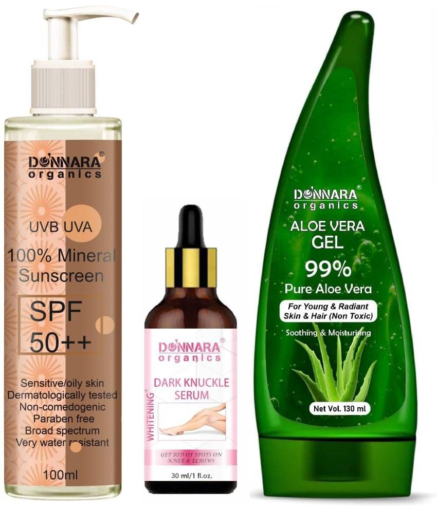 Donnara Organics 100% Mineral Suncreen Cream UVB & UVA Protection with SPF 50++ 100ml, Dark Knuckle Skin Whitening Serum 30ml & Natural Aloe Vera Gel 130ml - Combo of 3 Items     			Donnara Organics 100% Mineral Suncreen Cream UVB & UVA Protection with SPF 50++ 100ml, Dark Knuckle Skin Whitening Serum 30ml & Natural Aloe Vera Gel 130ml - Combo of 3 Items