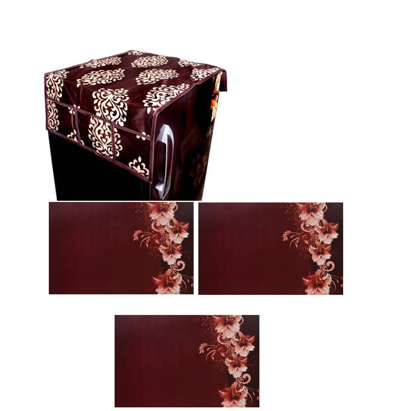 Fabolic Polyester Floral Printed Fridge Mat & Cover ( 93 53 ) Pack of 4 - Brown