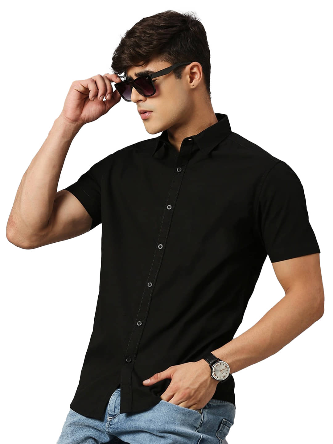 Leotude Cotton Blend Regular Fit Solids Half Sleeves Men's Casual Shirt - Black ( Pack of 1 )