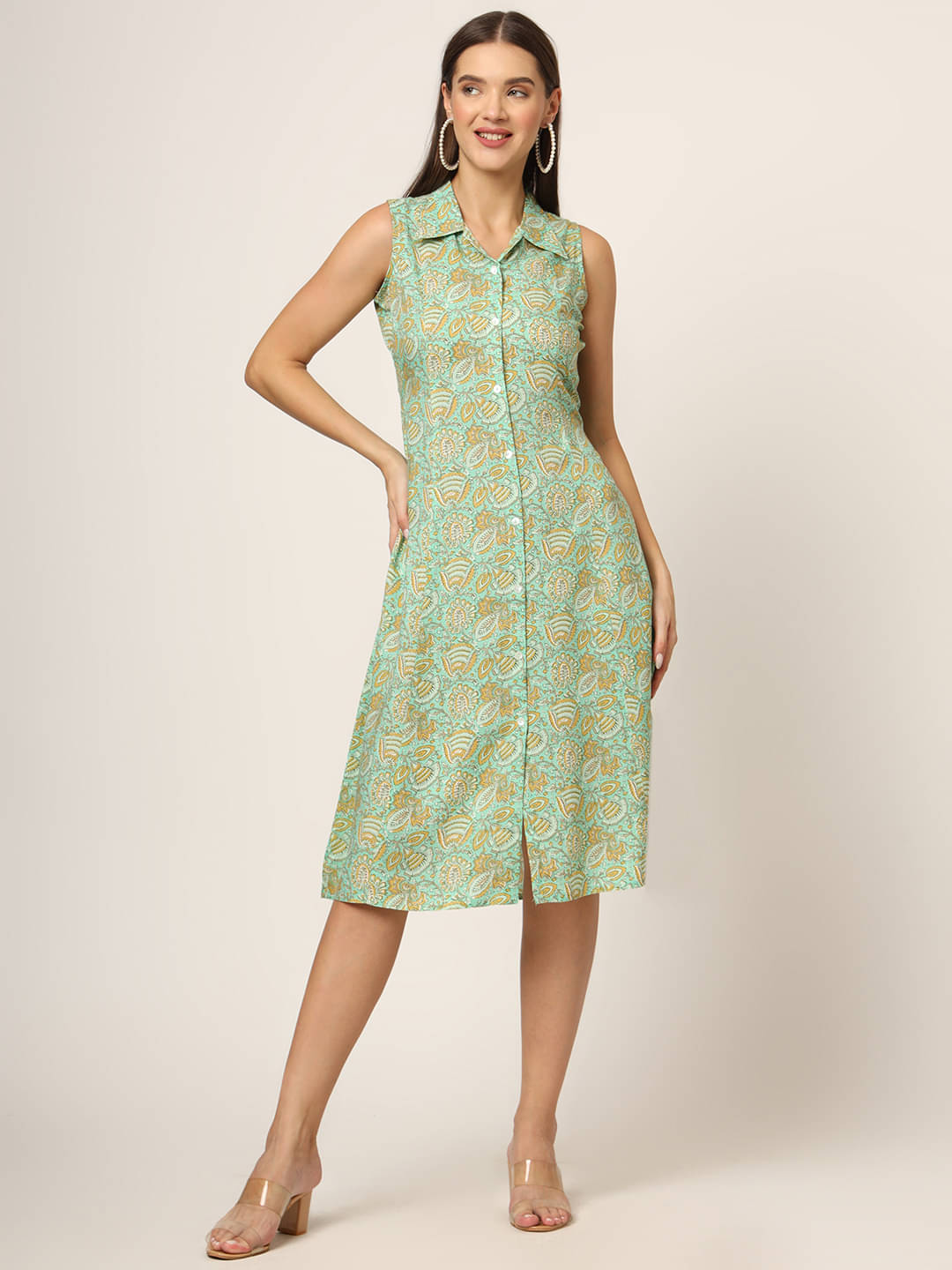     			Divena Women Rayon Printed Shirt Dress ( Green )
