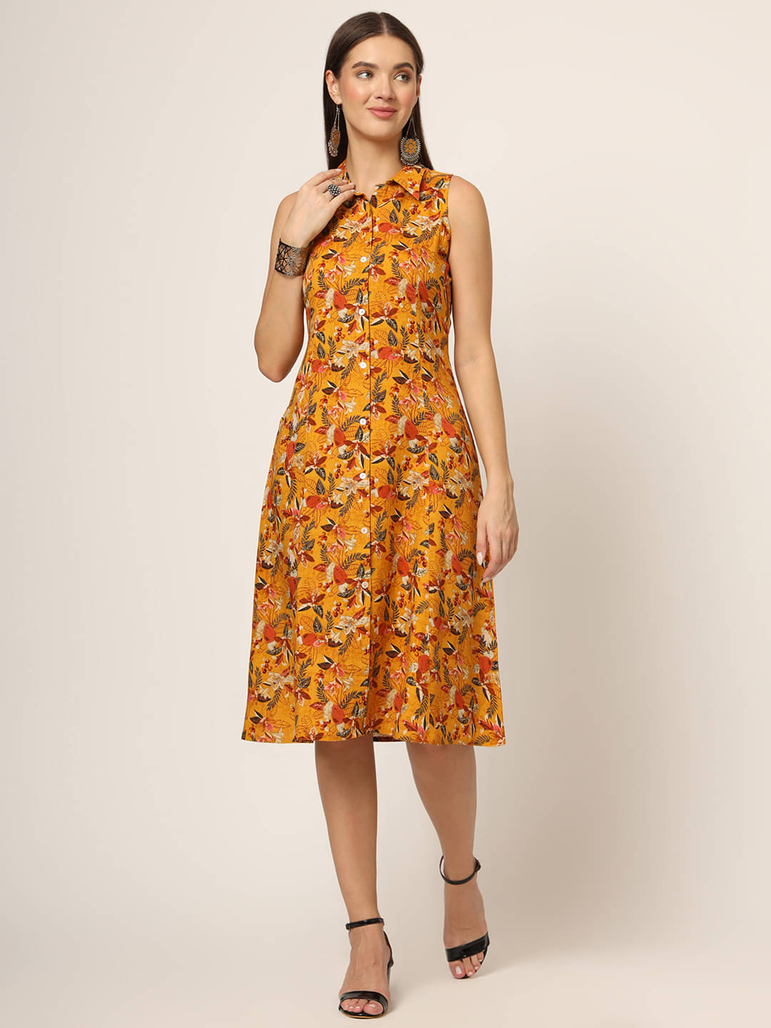     			Divena Women Rayon Printed A-line Dress ( Yellow )