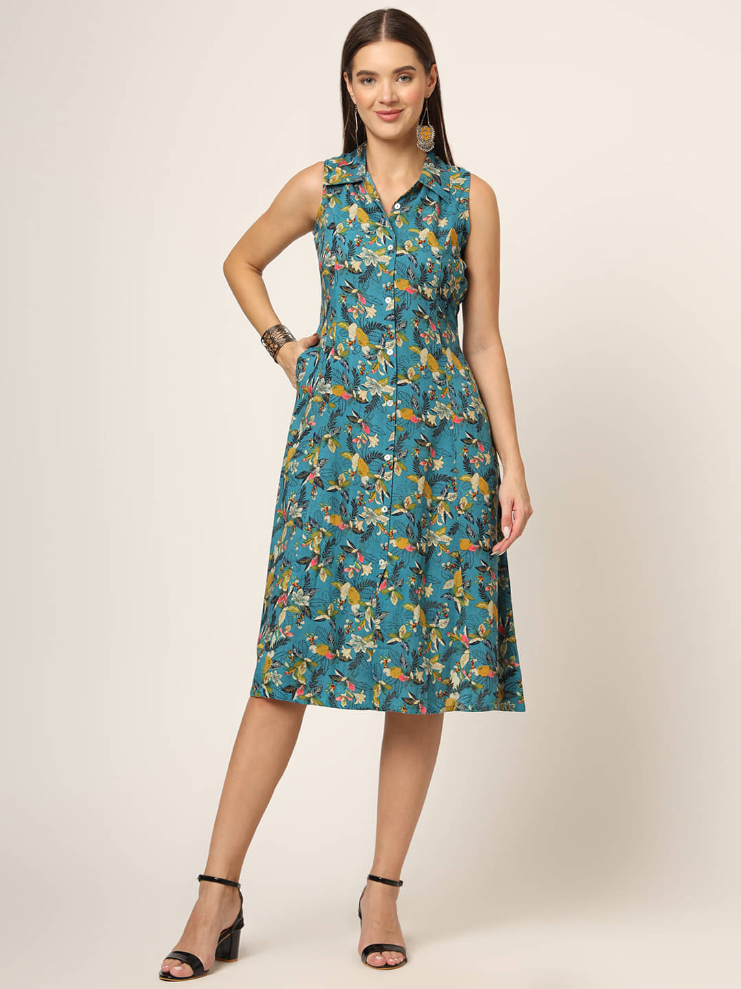 Divena Women Rayon Printed A-line Dress ( Blue ) Divena Women Rayon Printed A-line Dress ( Blue )