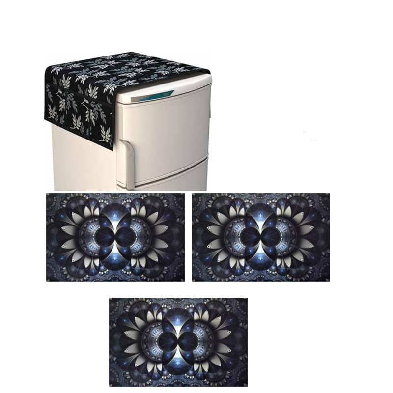 Fabolic Polyester Floral Printed Fridge Mat & Cover ( 93 53 ) Pack of 4 - Black