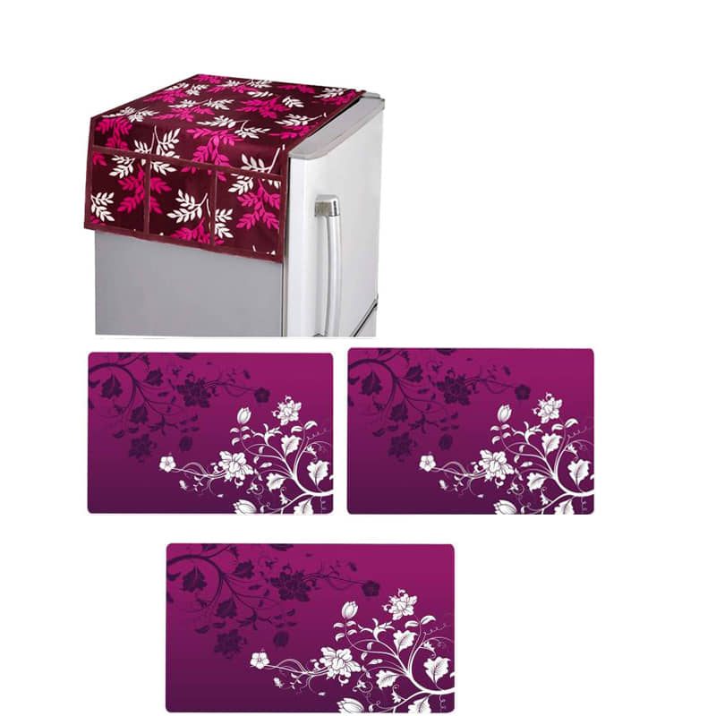 Fabolic Polyester Floral Printed Fridge Mat & Cover ( 93 53 ) Pack of 4 - Purple