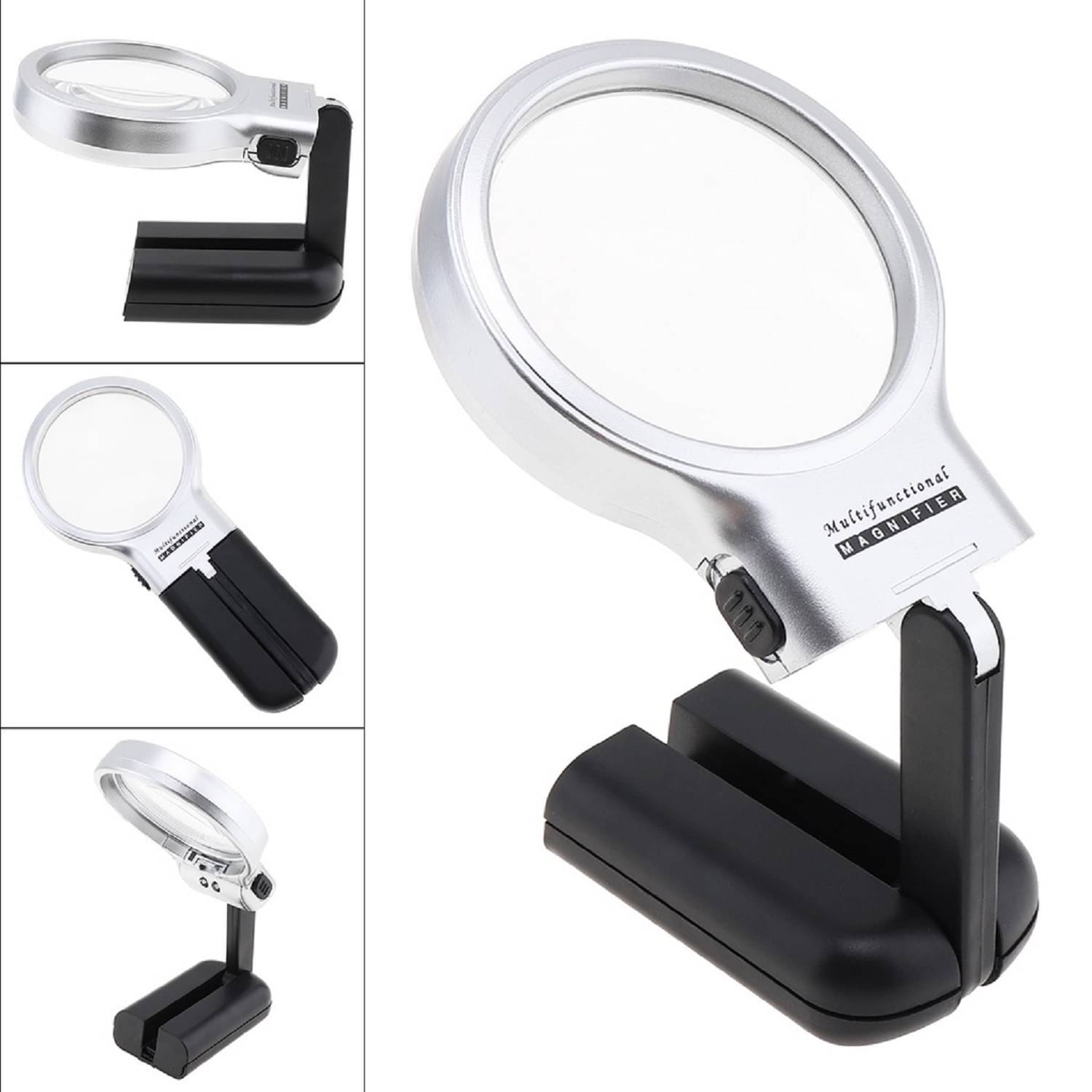     			SHB 3X 2.44" Magnifier with 2 Built-in LED Lghts, Adjustable Angle Multifunctional Portable Plastic Optical Magnifying Glass for Reading, Hands Free Magnifying Glass with LED Light Stand