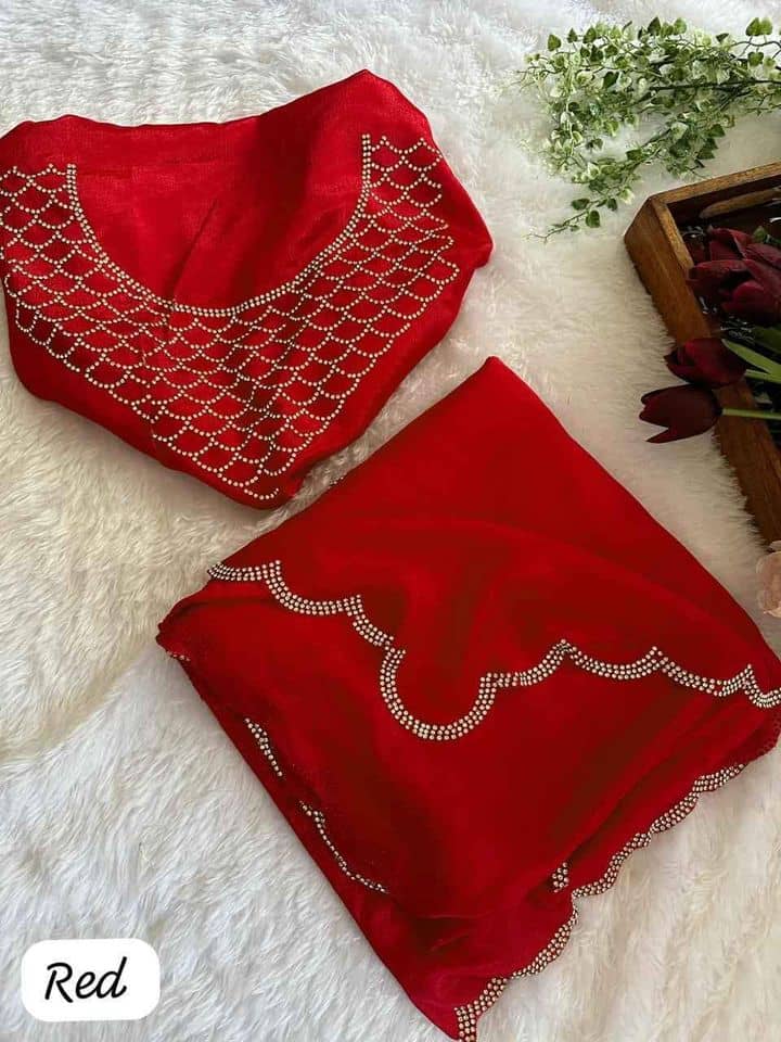 Shivadit ethnic Georgette Cut Outs Saree With Unstitched Blouse Piece ( Red ) - Sarees | Buy online on ZillyBuy