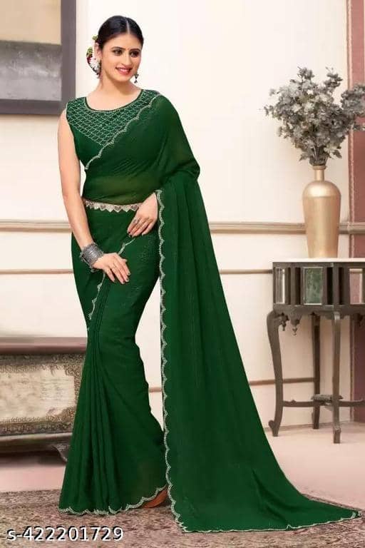Shivadit ethnic Georgette Cut Outs Saree With Unstitched Blouse Piece ( Green ) - Sarees | Buy online on ZillyBuy
