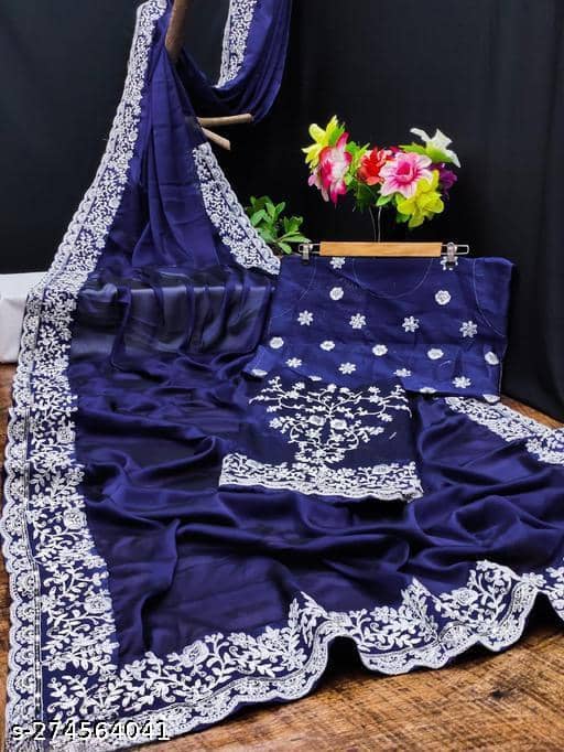 Shivadit ethnic Georgette Embroidered Saree With Unstitched Blouse Piece ( Blue ) - Sarees | Buy online on ZillyBuy