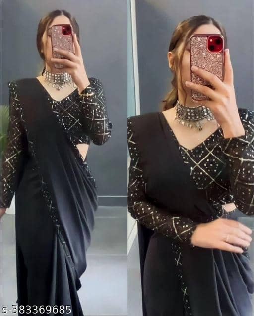 Shivadit ethnic Georgette Embroidered Saree With Unstitched Blouse Piece ( Black ) - Sarees | Buy online on ZillyBuy