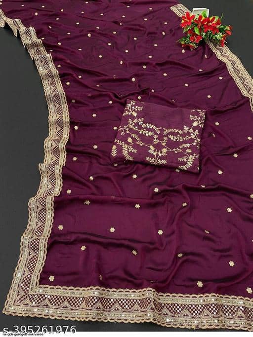 Shivadit ethnic Georgette Embroidered Saree With Unstitched Blouse Piece ( Purple ) - Sarees | Buy online on ZillyBuy