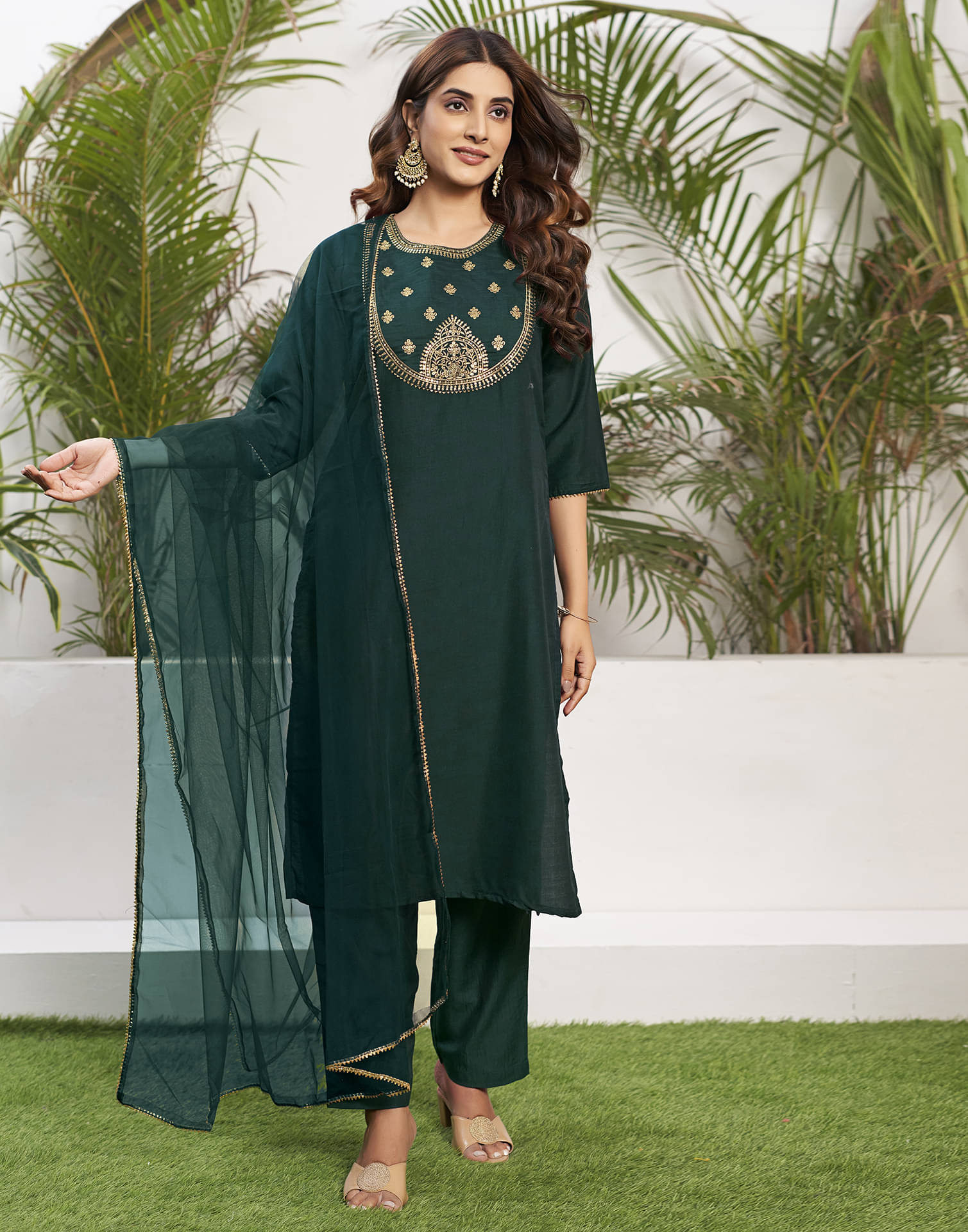     			Skylee Chiffon Embroidered Kurti With Pants Women's Stitched Salwar Suit - Green ( Pack of 1 )