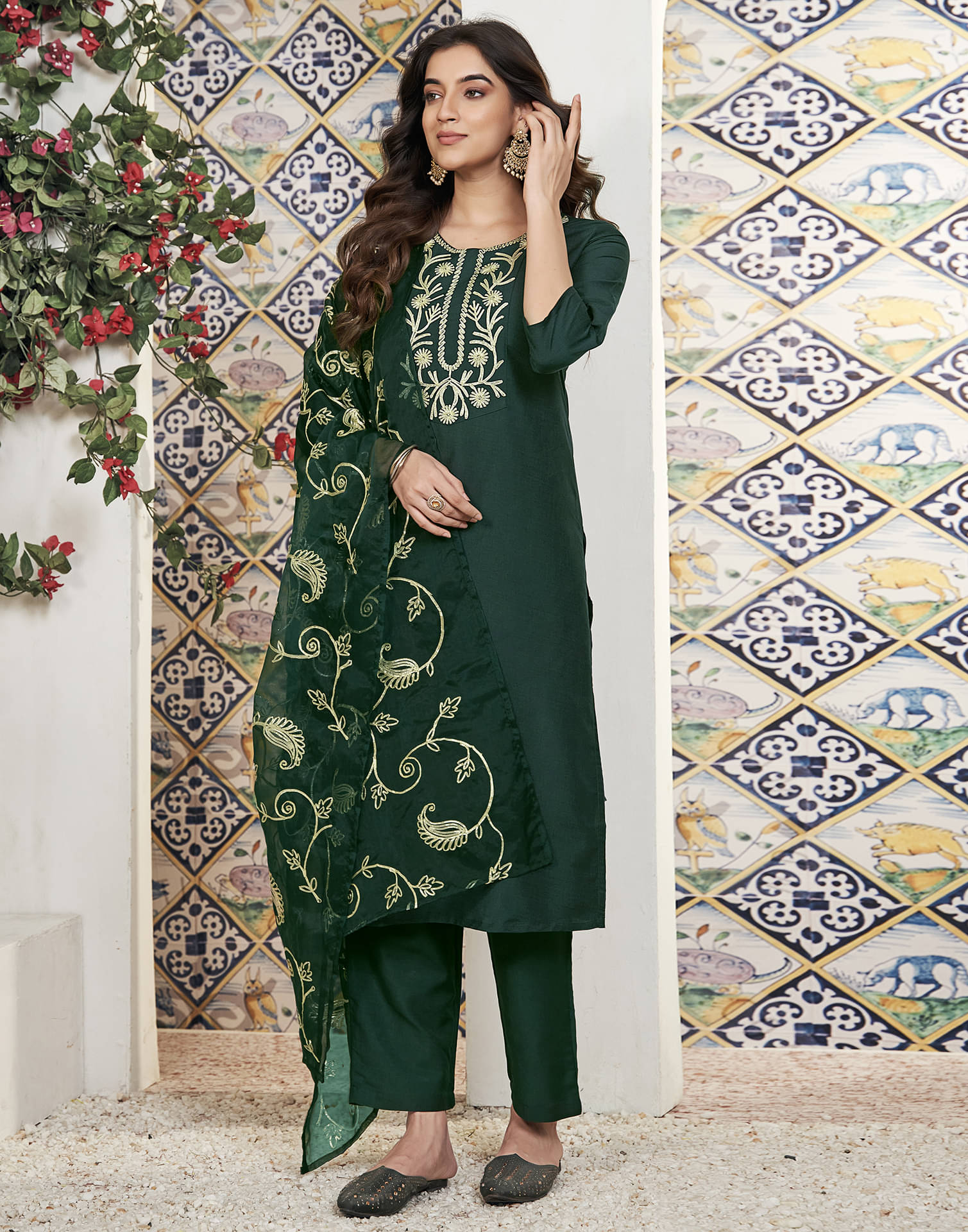     			Skylee Chiffon Embroidered Kurti With Pants Women's Stitched Salwar Suit - Green ( Pack of 1 )