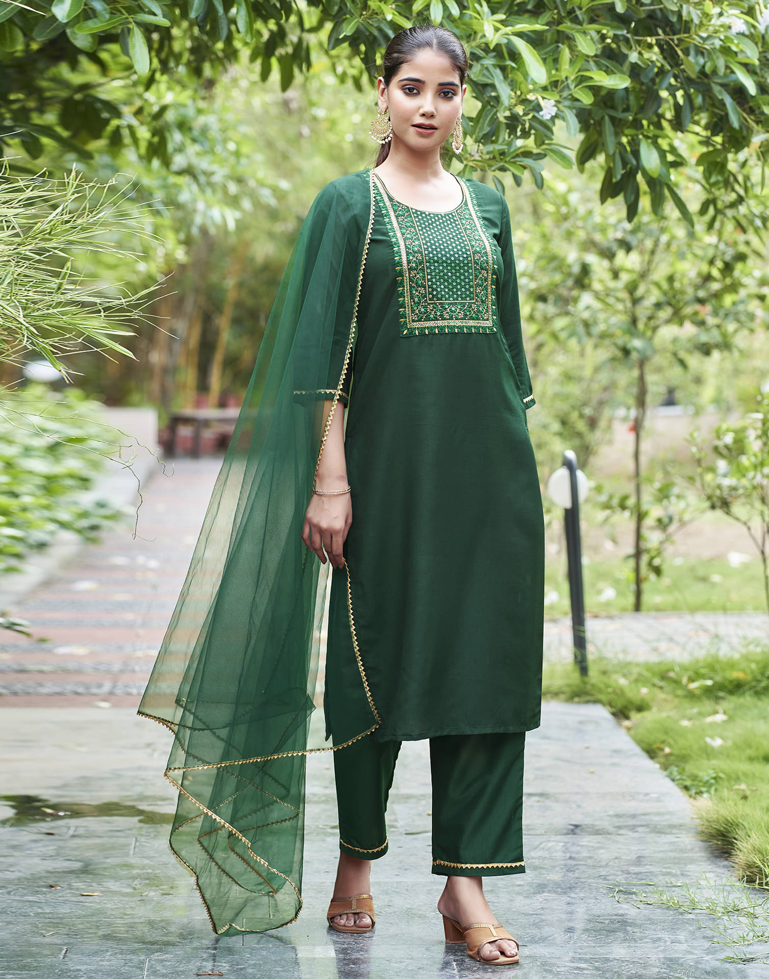     			Skylee Chiffon Embroidered Kurti With Pants Women's Stitched Salwar Suit - Green ( Pack of 1 )