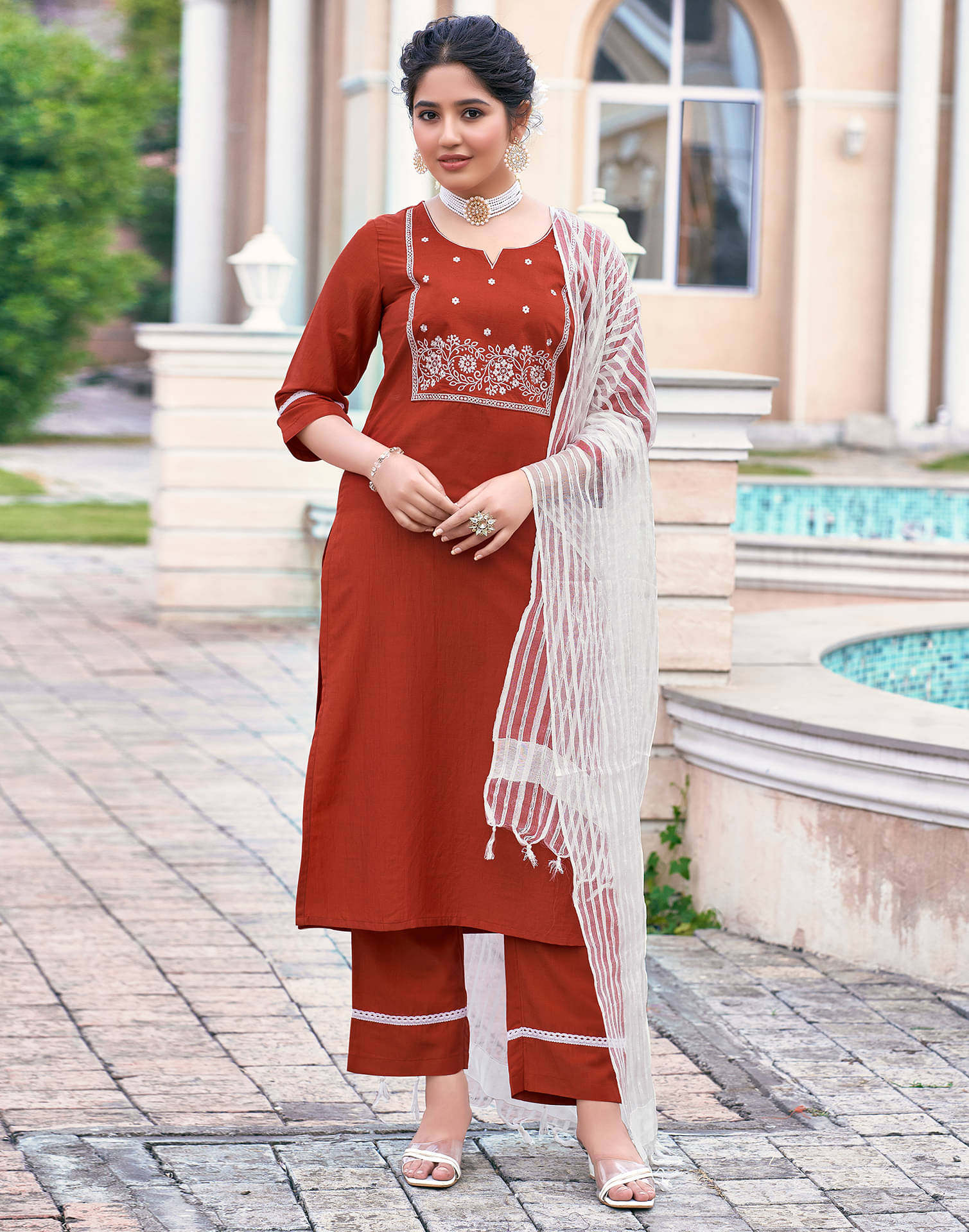     			Skylee Chiffon Embroidered Kurti With Pants Women's Stitched Salwar Suit - Rust ( Pack of 1 )