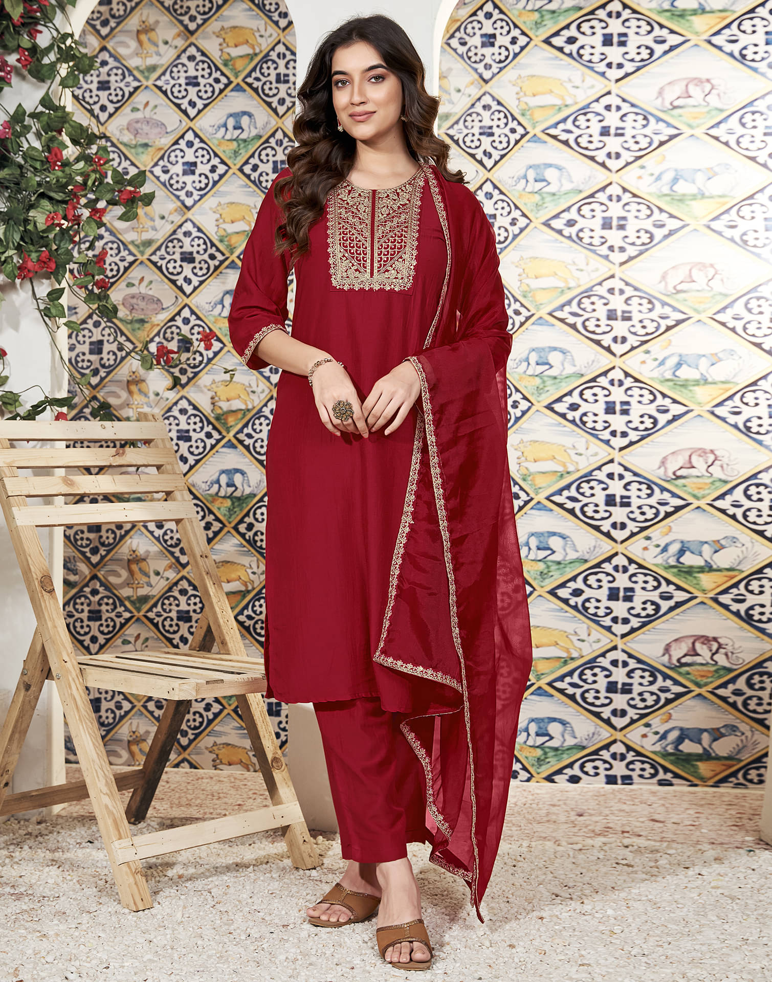     			Skylee Chiffon Embroidered Kurti With Pants Women's Stitched Salwar Suit - Red ( Pack of 1 )