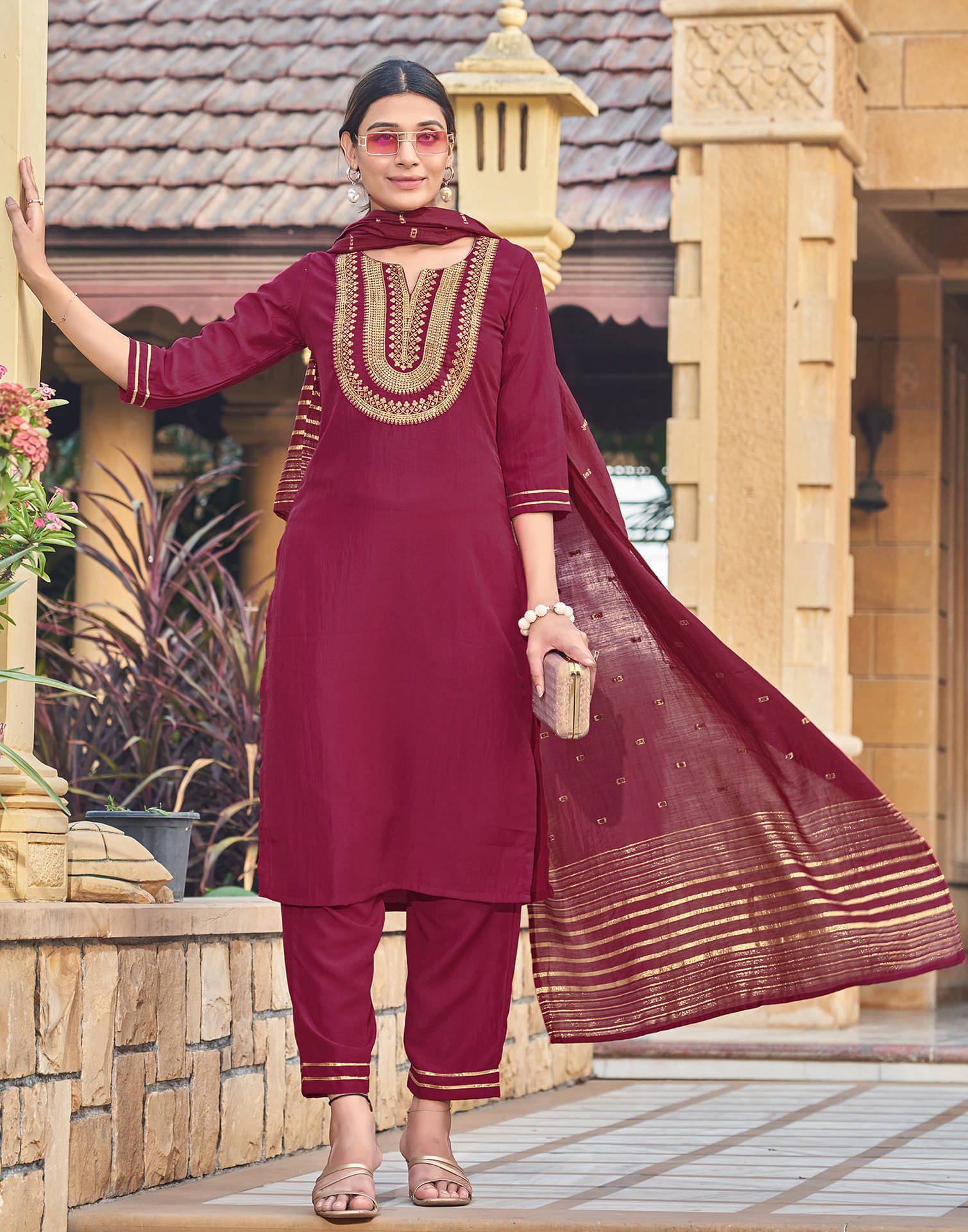     			Skylee Chiffon Embroidered Kurti With Pants Women's Stitched Salwar Suit - Maroon ( Pack of 1 )