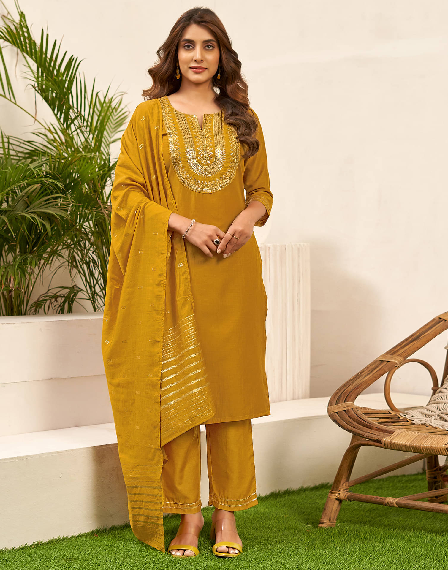     			Skylee Chiffon Embroidered Kurti With Pants Women's Stitched Salwar Suit - Mustard ( Pack of 1 )
