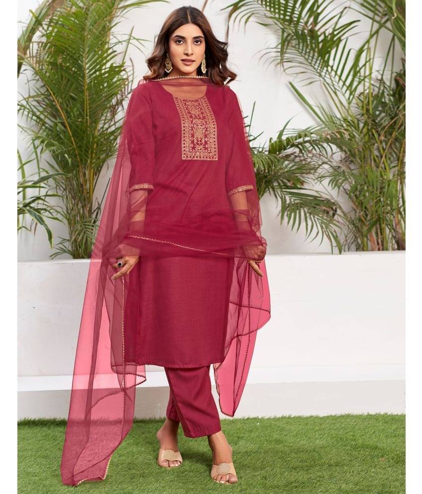 Skylee Cotton Blend Embroidered Kurti With Pants Women's Stitched Salwar Suit - Red ( Pack of 1 ) Skylee Cotton Blend Embroidered Kurti With Pants Women's Stitched Salwar Suit - Red ( Pack of 1 )