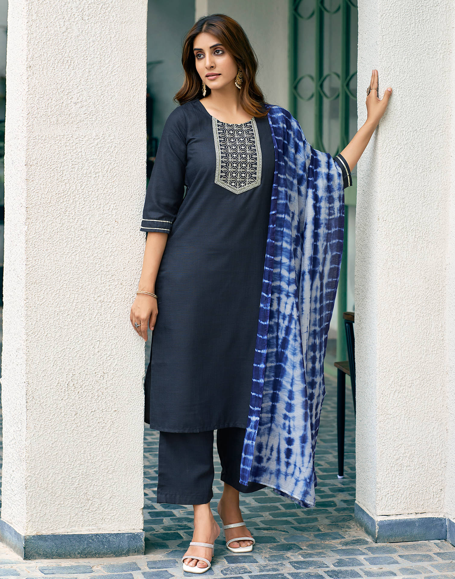     			Skylee Cotton Blend Embroidered Kurti With Palazzo Women's Stitched Salwar Suit - Navy Blue ( Pack of 1 )