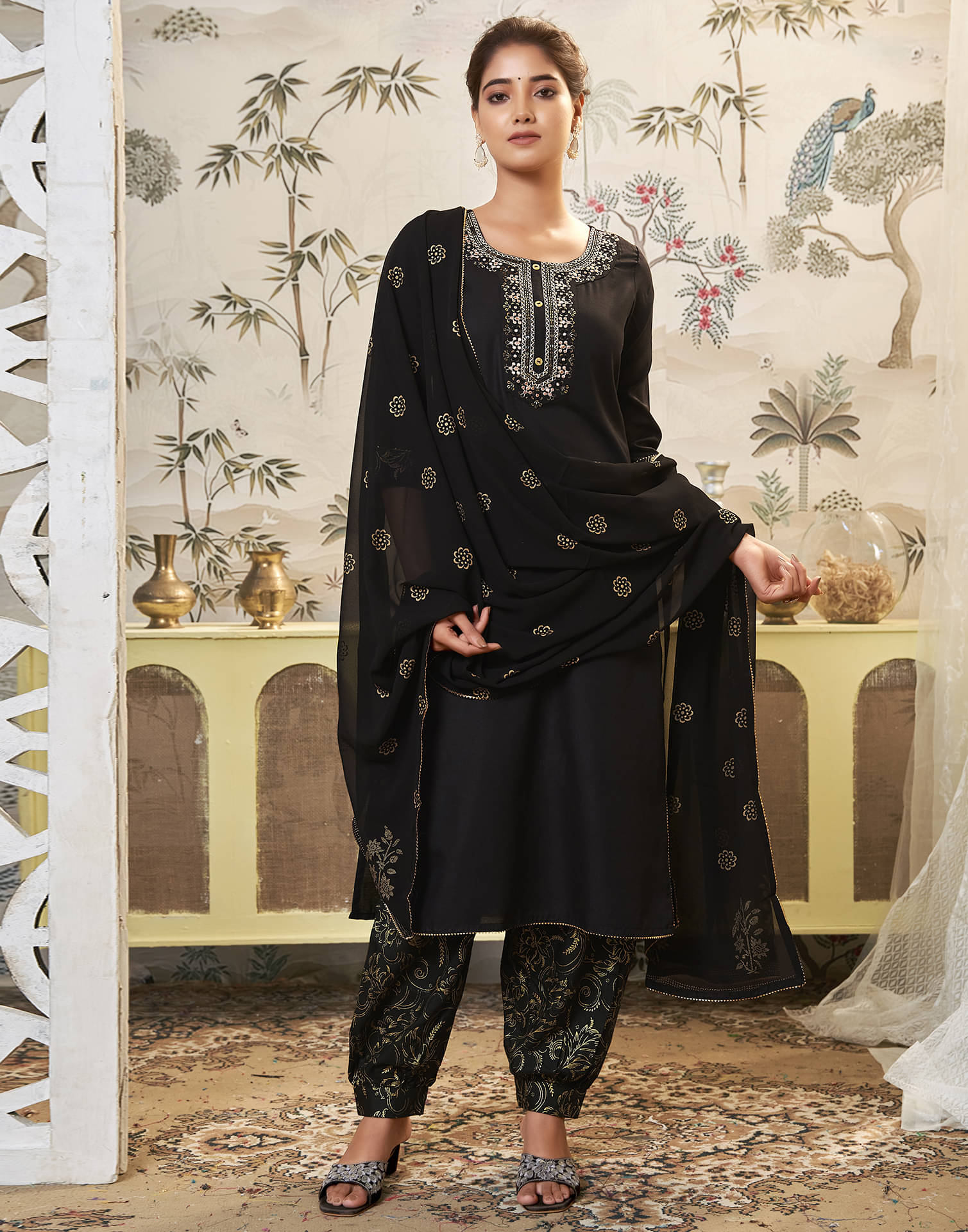 Skylee Cotton Blend Embroidered Kurti With Salwar Women's Stitched Salwar Suit - Black ( Pack of 1 ) Skylee Cotton Blend Embroidered Kurti With Salwar Women's Stitched Salwar Suit - Black ( Pack of 1 )
