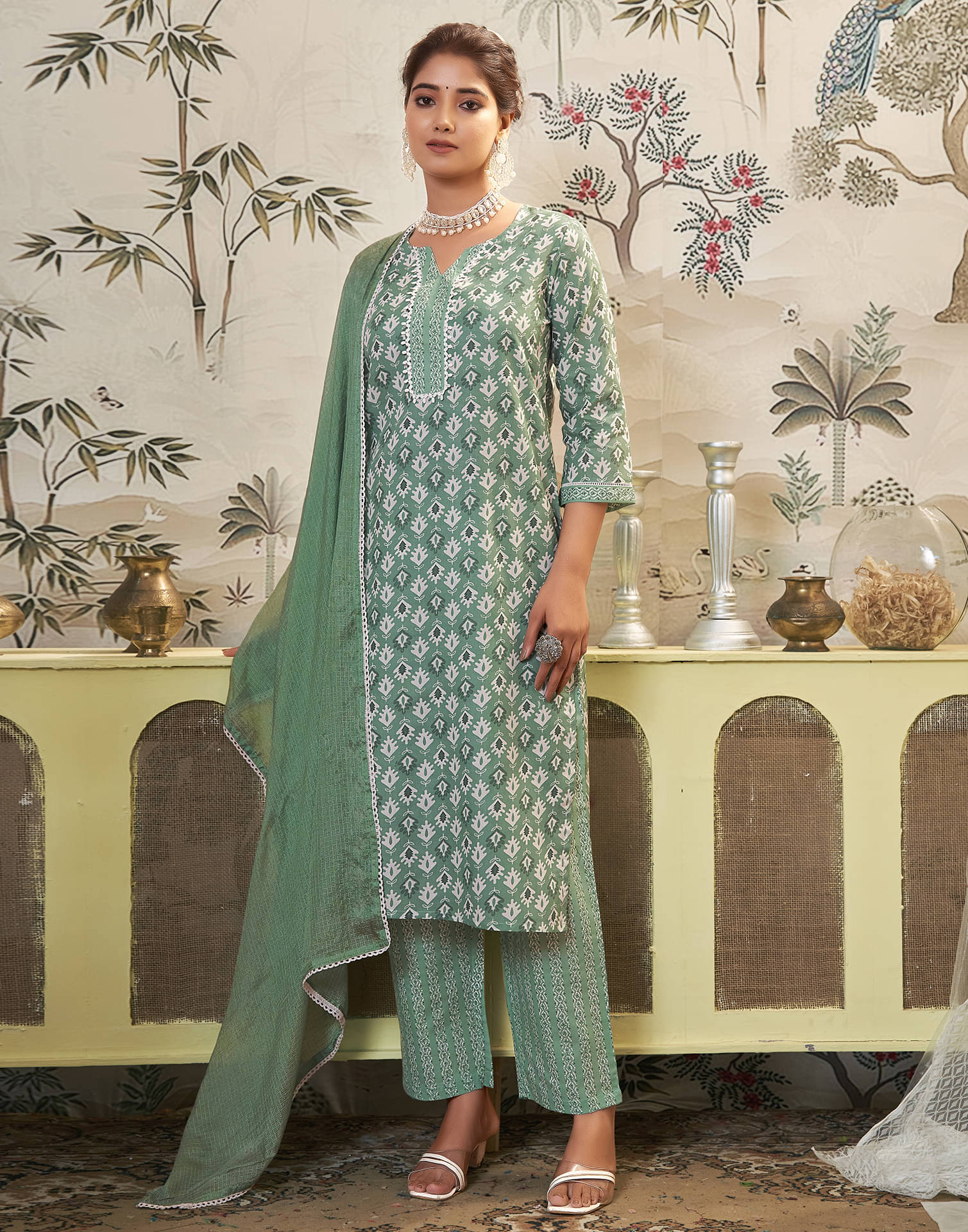     			Skylee Cotton Printed Kurti With Pants Women's Stitched Salwar Suit - Green ( Pack of 1 )