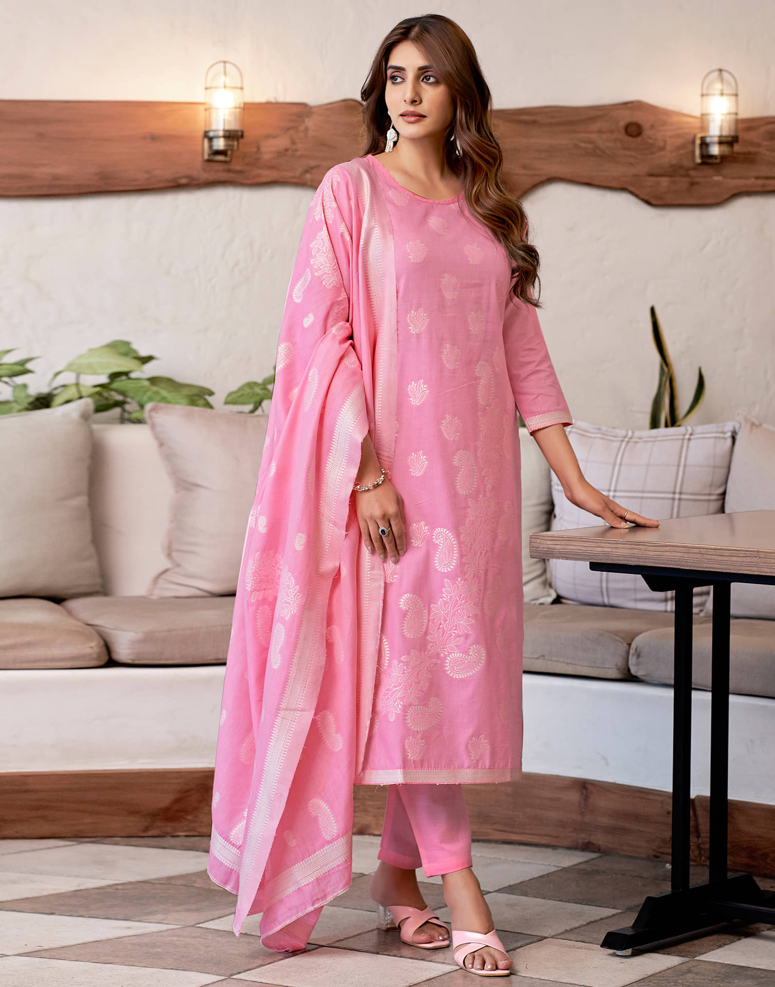 Skylee Cotton Self Design Kurti With Pants Women's Stitched Salwar Suit - Pink ( Pack of 1 ) Skylee Cotton Self Design Kurti With Pants Women's Stitched Salwar Suit - Pink ( Pack of 1 )
