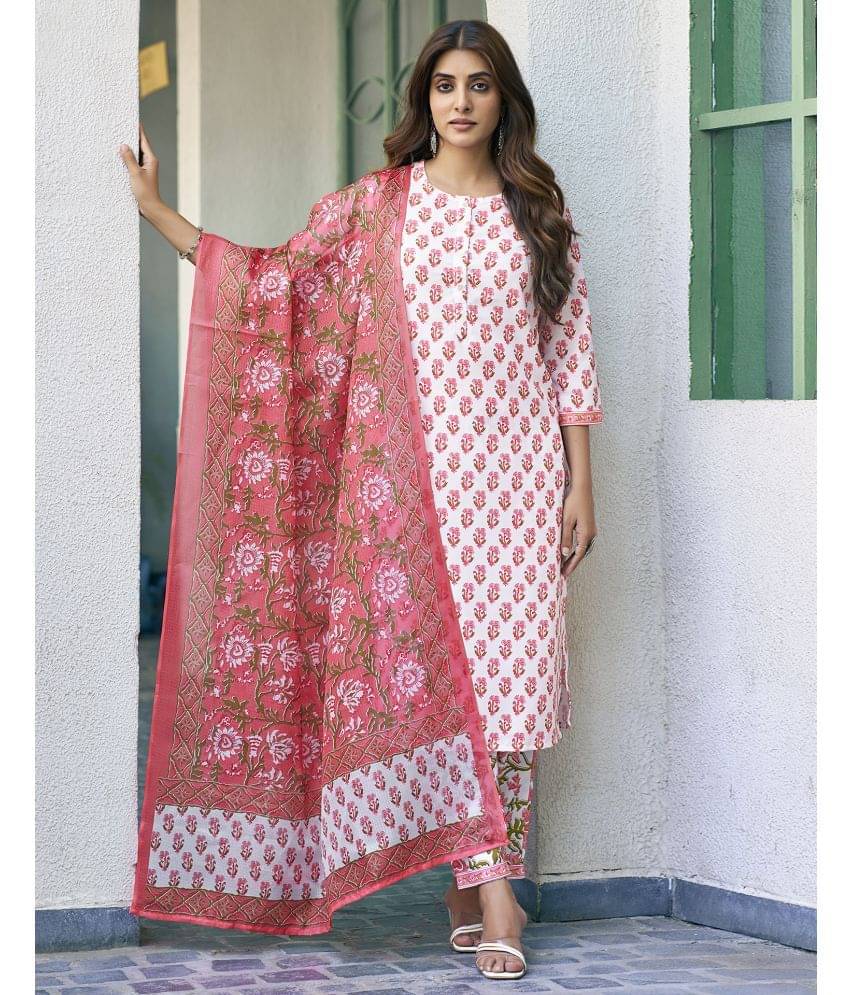     			Skylee Rayon Printed Kurti With Pants Women's Stitched Salwar Suit - White ( Pack of 1 )